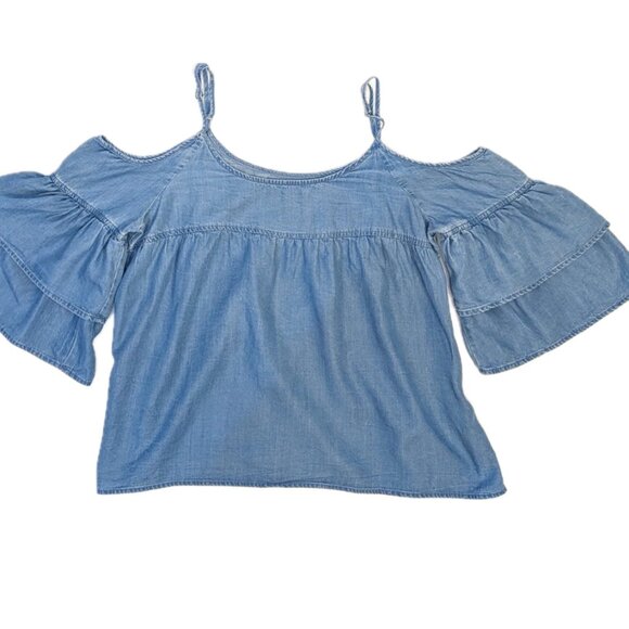 Walter Baker | Lyocell Cold Shoulder Blue Ruffle Sleeve "Tara" Top | Medium - Picture 8 of 14